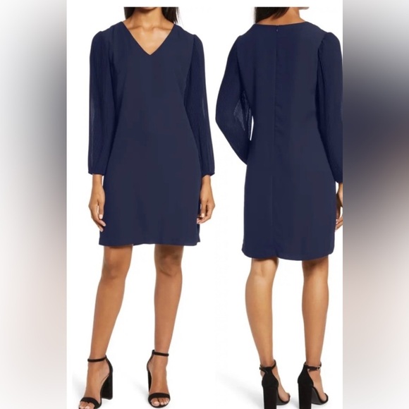 Sam Edelman Pleated Long Sleeve V-Neck Shift Dress Navy Size 8 NWT - Picture 1 of 8